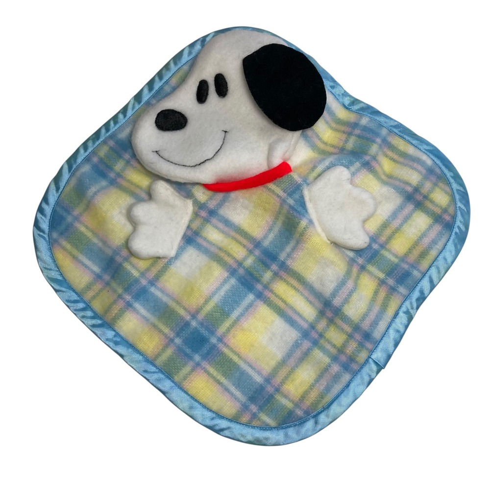 VTG Knickerbocker Snoopy Security Blanket 13" Lovey Blue Yellow Pink Peanuts